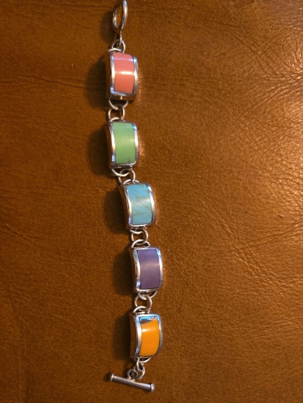 Vintage Mexican Sterling Silver 925 Multicolor Stone Inlay Link Bracelet 33g